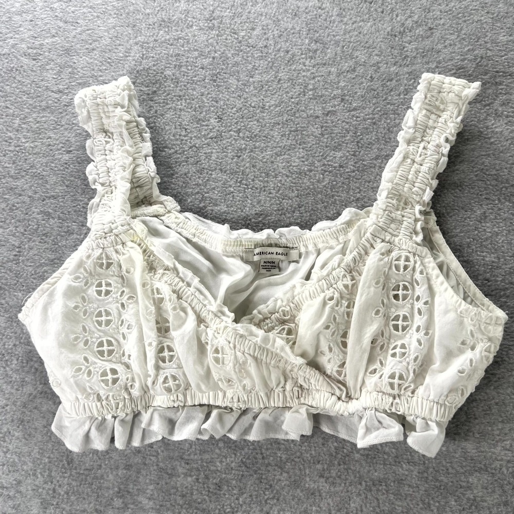 American Eagle Outfitters Crop Top Womens Medium White Cotton Eyelet Couquette